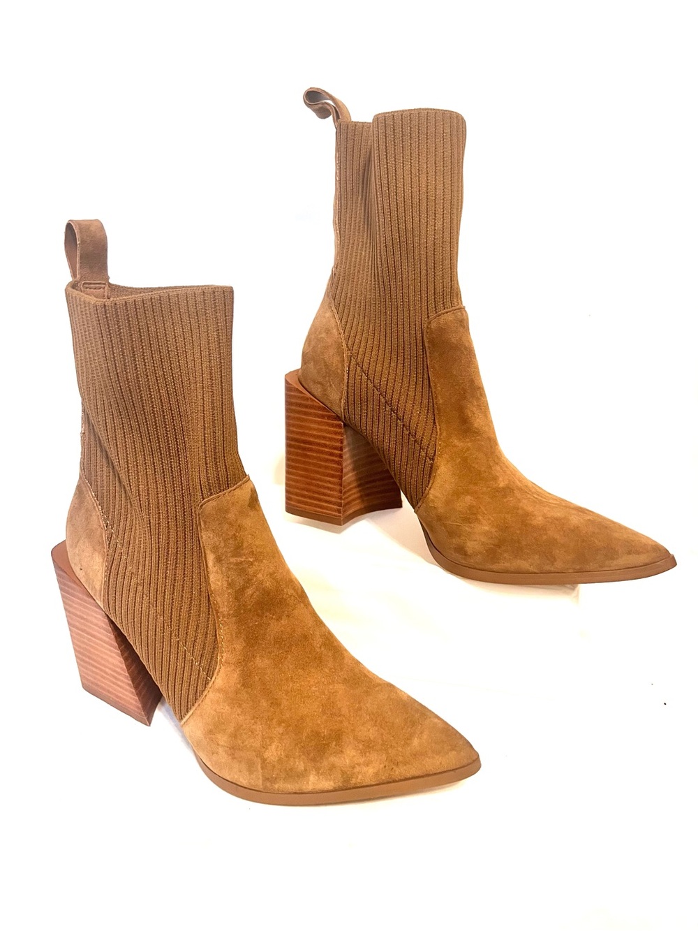 Steve Madden Teca Pointy Toe Leather Suede Ribbed Stretch Sock Ankle Boots-Sz. 6